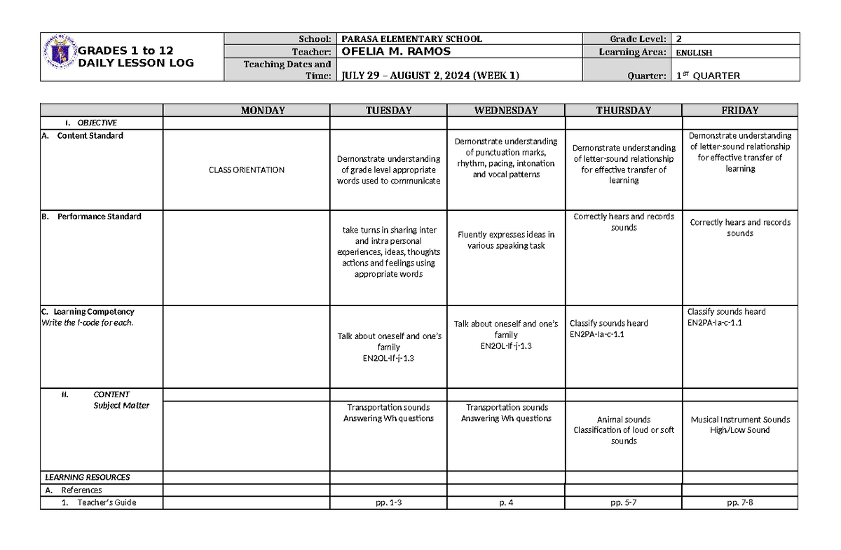 DLL English 2 Q1 W1 - dll - GRADES 1 to 12 DAILY LESSON LOG School ...