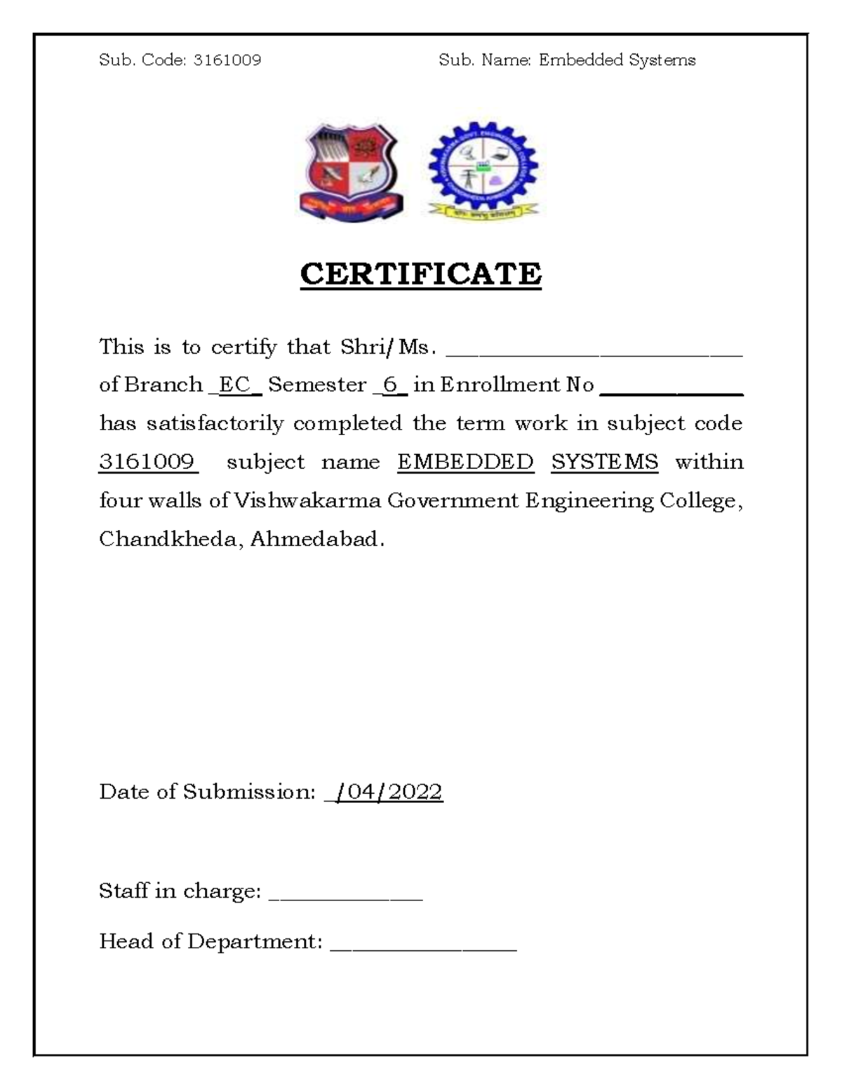 Embedded system lab manual CERTIFICATE This is to certify that Shri