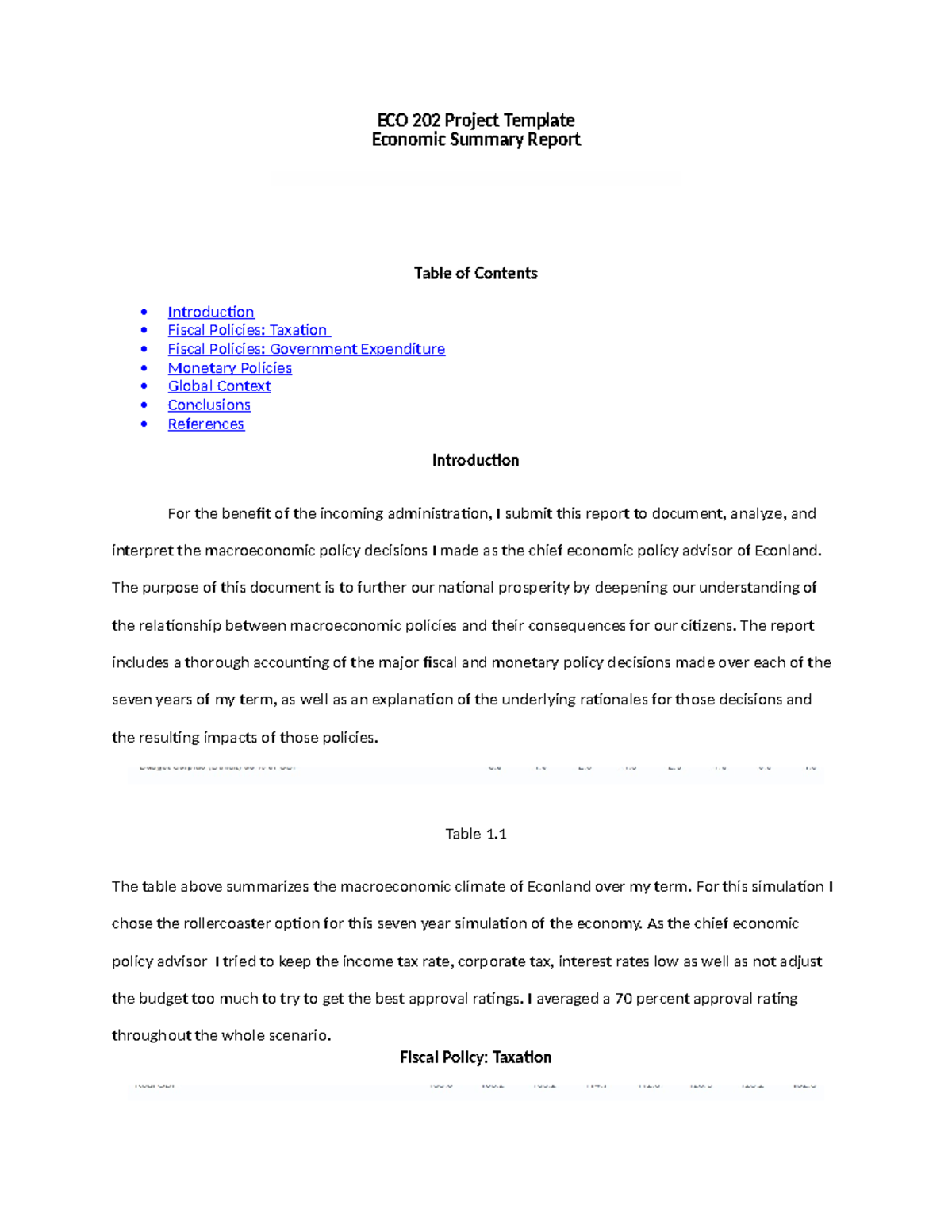 ECO 202 Project Template - ECO 202 Project Template Economic Summary ...
