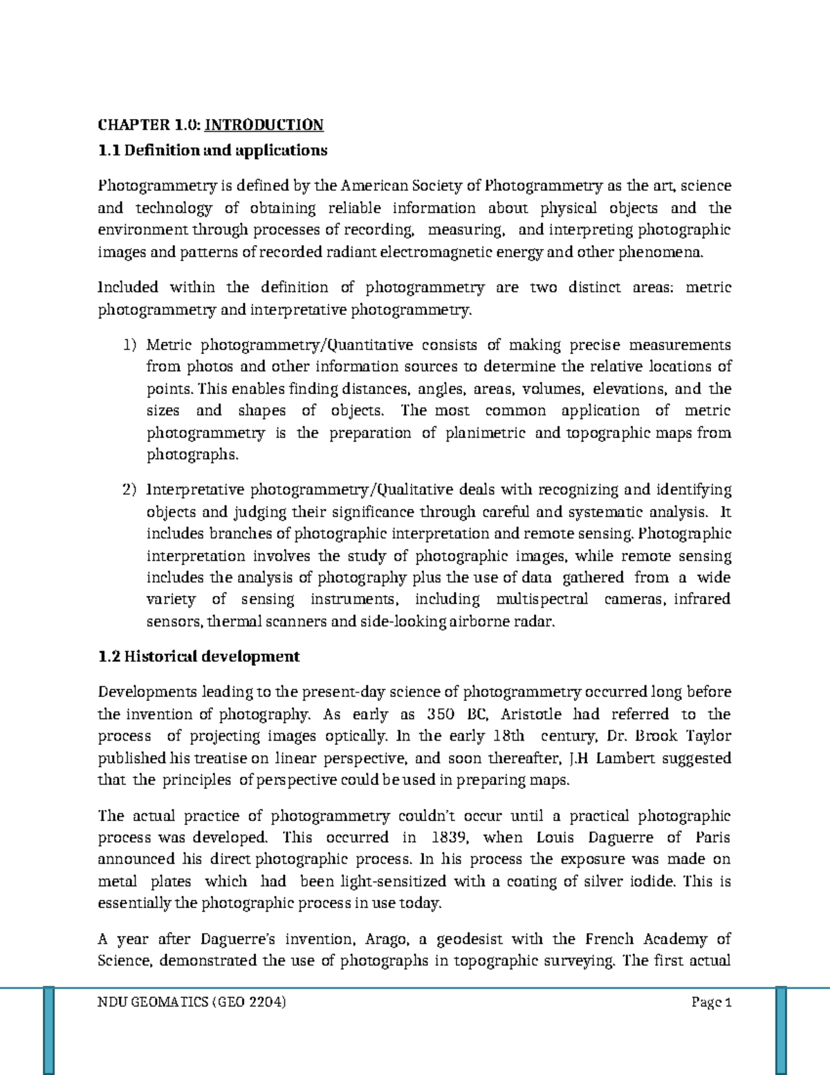 GEO2204 Photogrammetry 1 - CHAPTER 1 .0: INTRODUCTION 1 Definition and ...