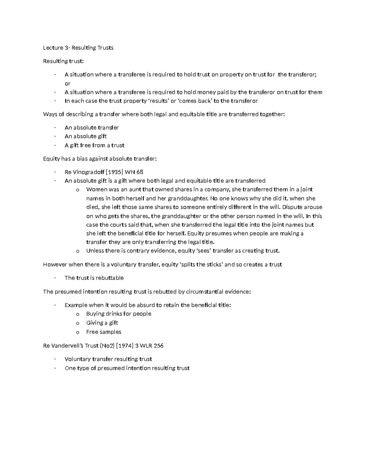 Resuting Trusts - Notes - Lecture 3- Resulting Trusts Resulting trust ...