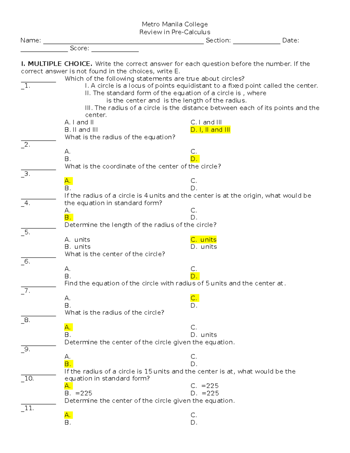 Reviewer in Pre Calculus - Metro Manila College Review in Pre-Calculus ...
