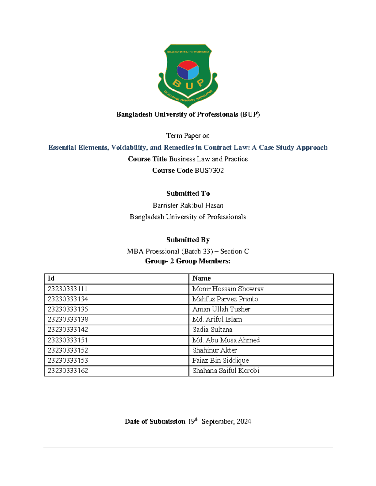 Law Termpaper final - yhy - Bangladesh University of Professionals (BUP ...