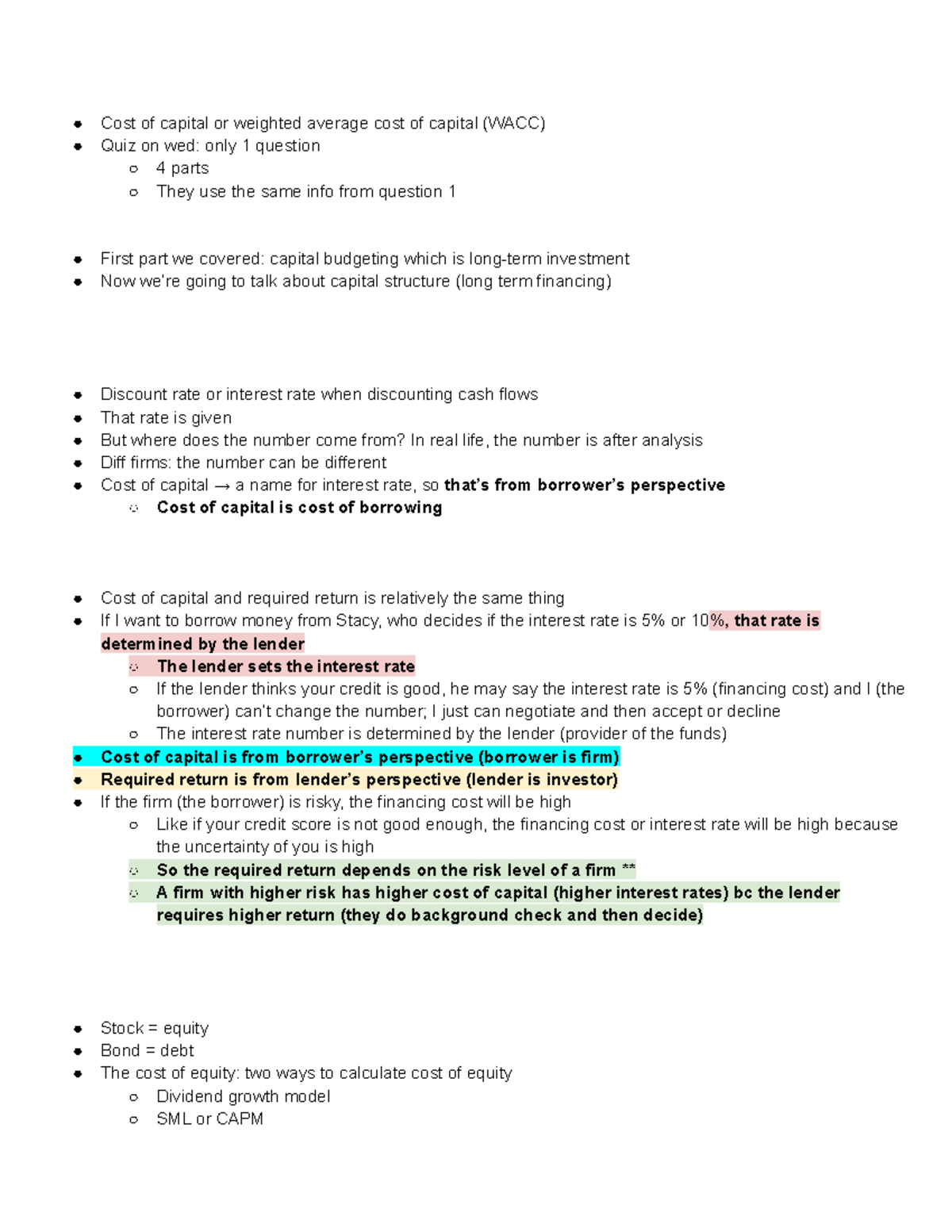 Copy of Chapter 12 Notes - Cost of capital or weighted average cost of ...
