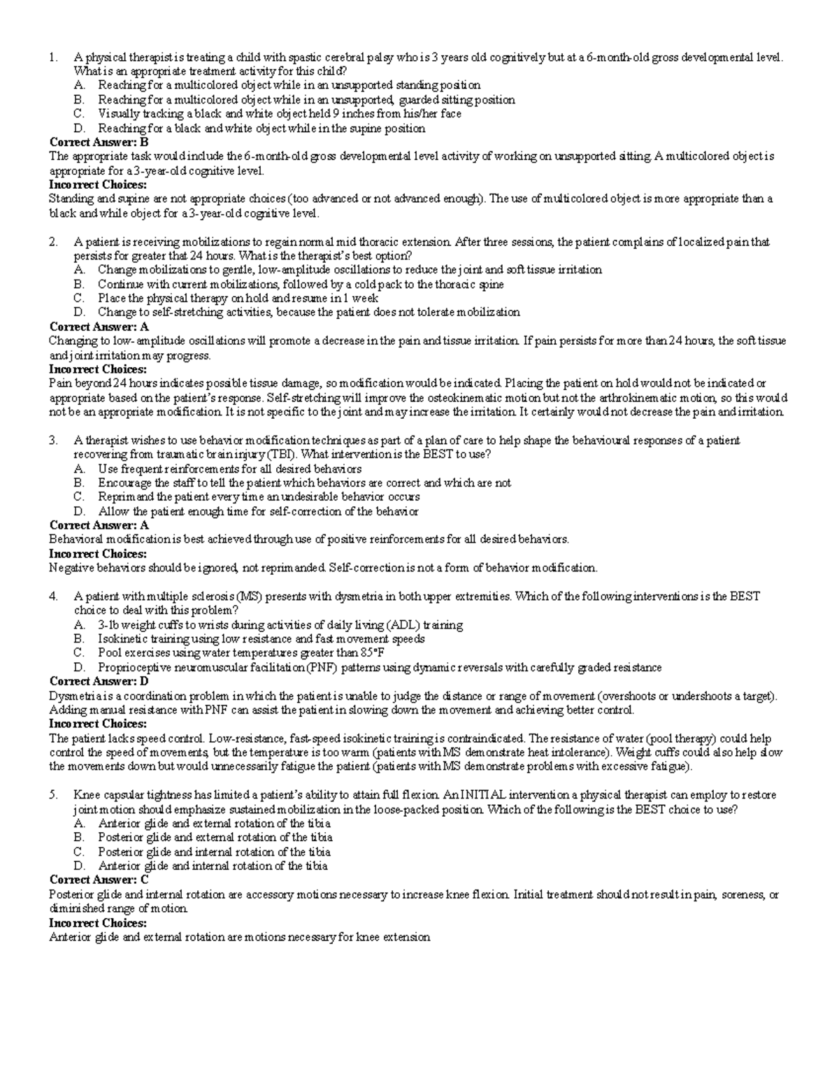 Sample practice Exam 2018 Questions A Physical Therapist Is Treating