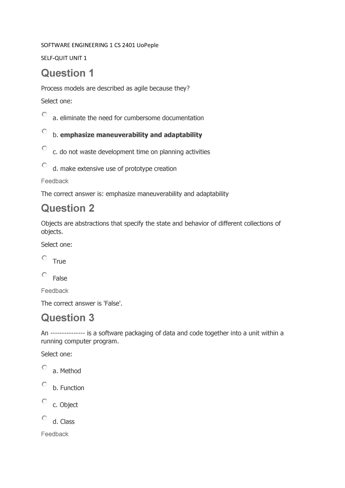 Quizzes U1 U4 ES1 2401 Uo People - SOFTWARE ENGINEERING 1 CS 2401 ...