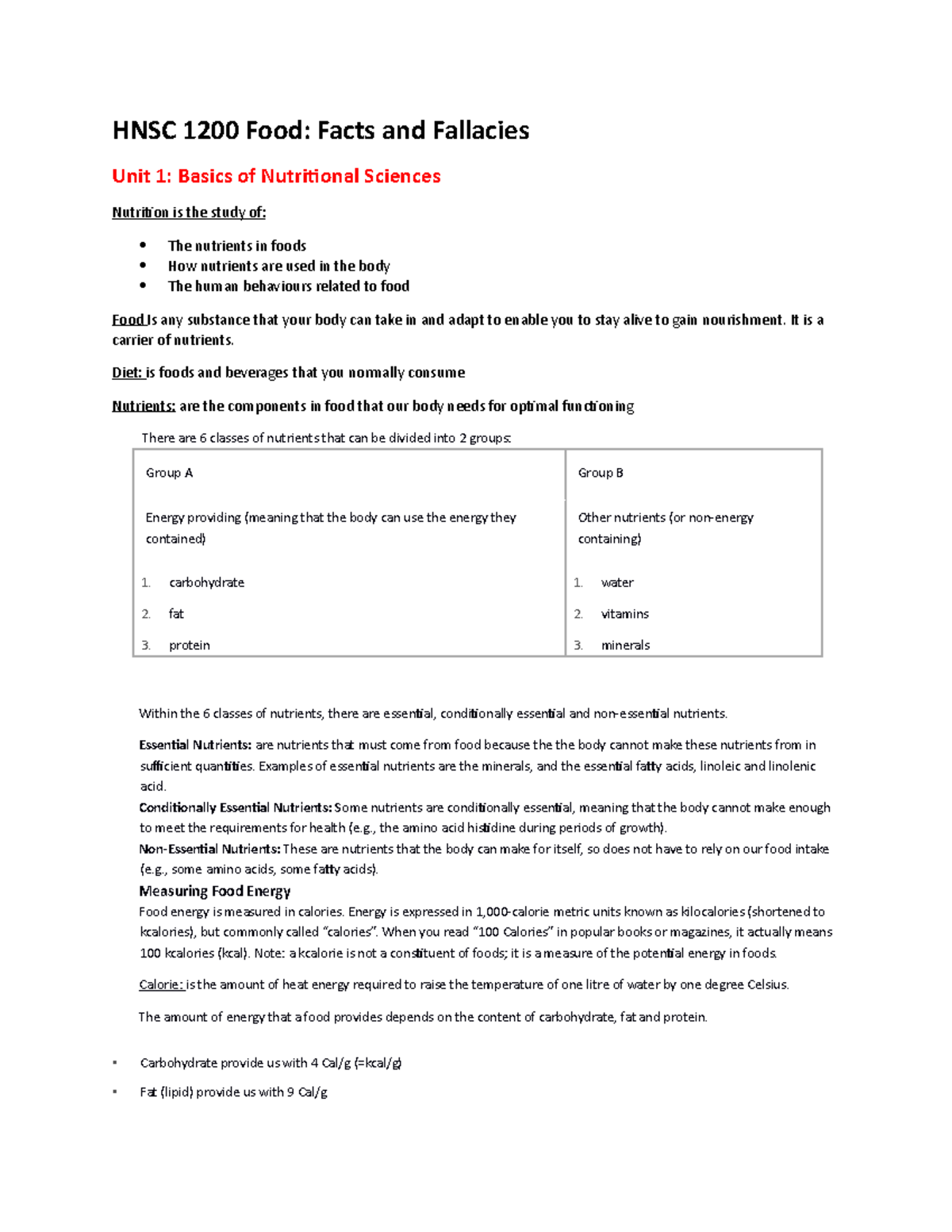 HNSC 1200 unit notes - HNSC 1200 Food: Facts and Fallacies Unit 1 ...