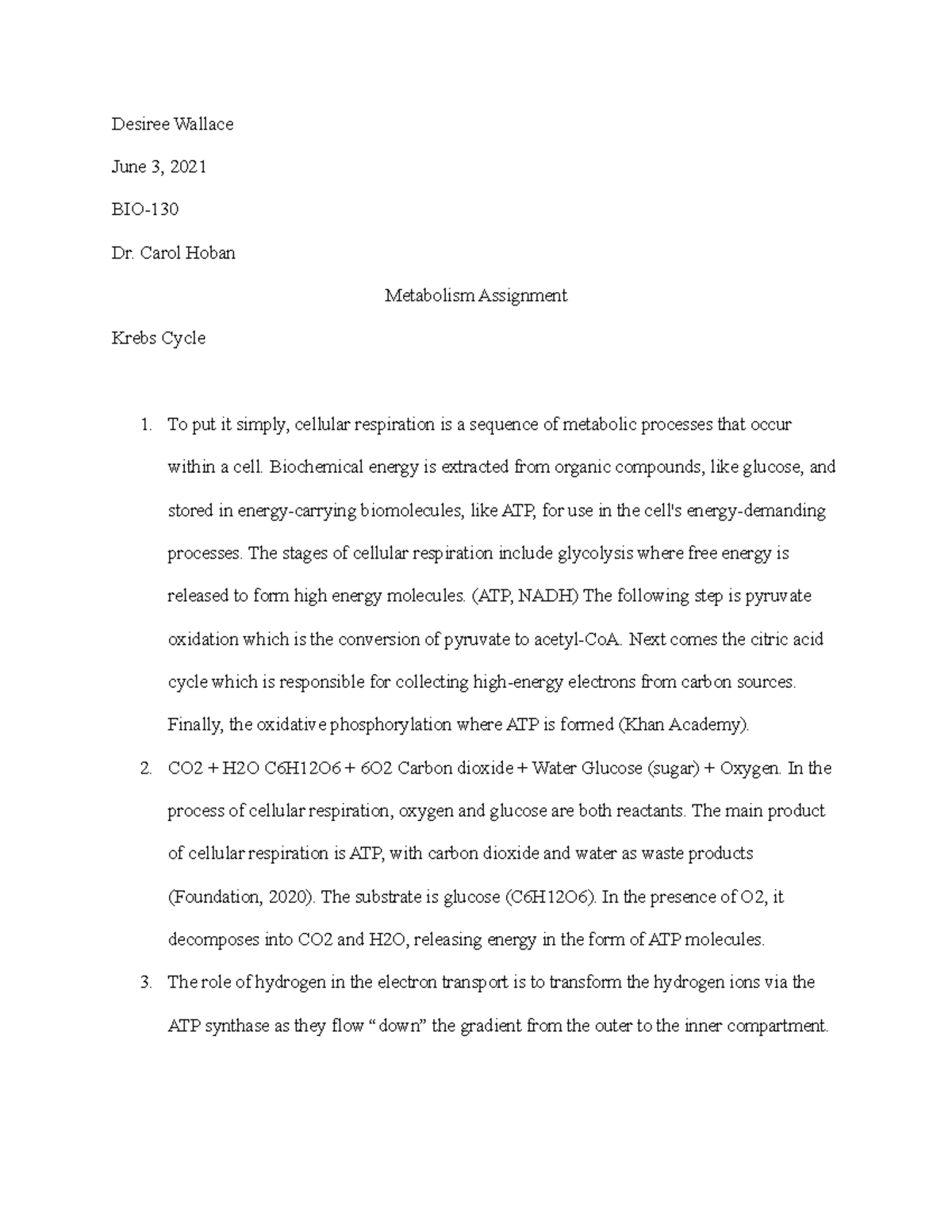 Metabolism Assignment Krebs Cycle vs Calvin Cycle Desiree Wallace
