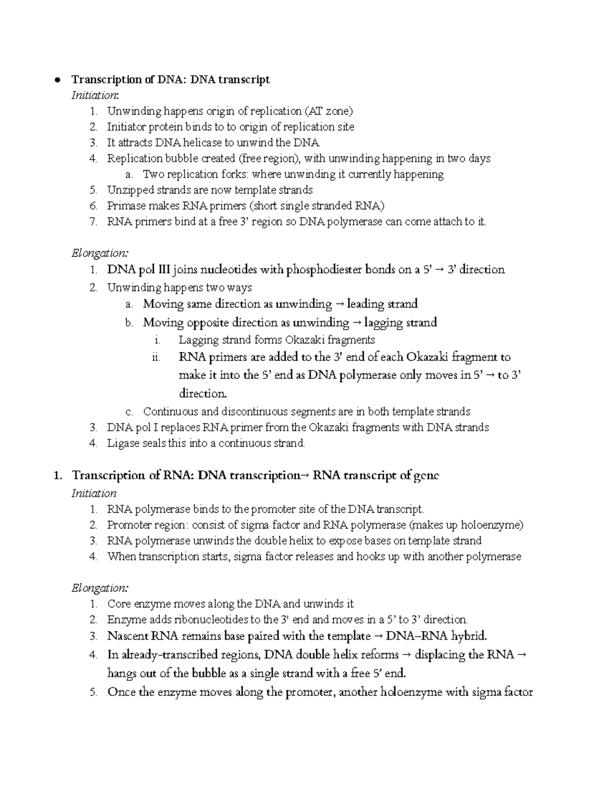 BIOL239 Concept Summary - Transcription of DNA: DNA transcript ...