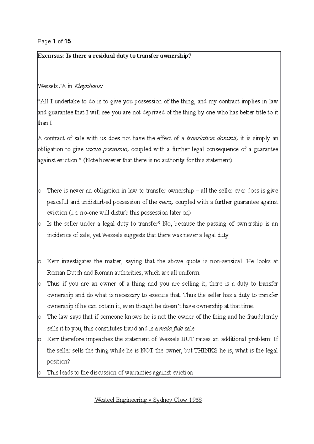 Warranty against Eviction case notes Excursus Is there a residual