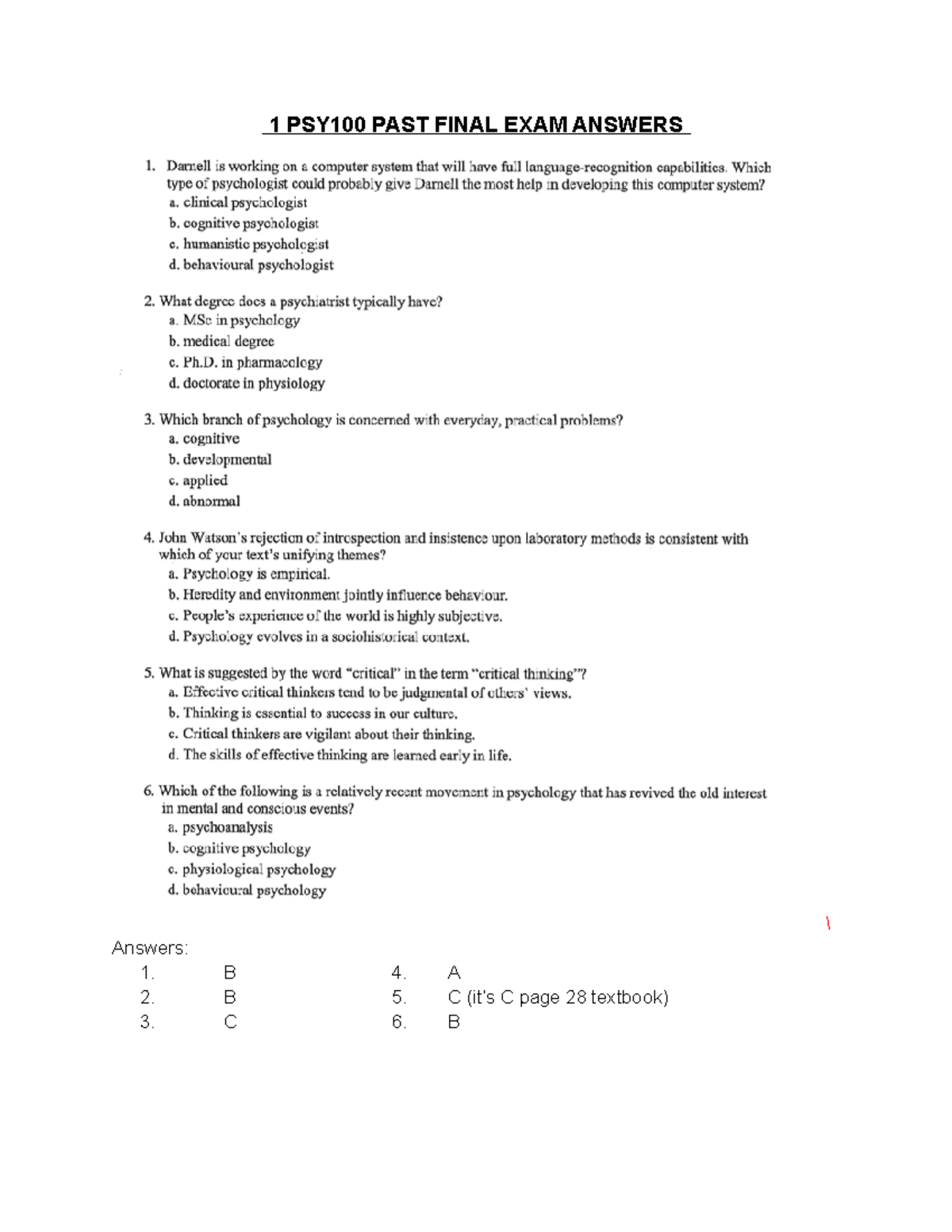 PSY100 Final EXAM Answers 1 PSY100 PAST FINAL EXAM ANSWERS Answers 