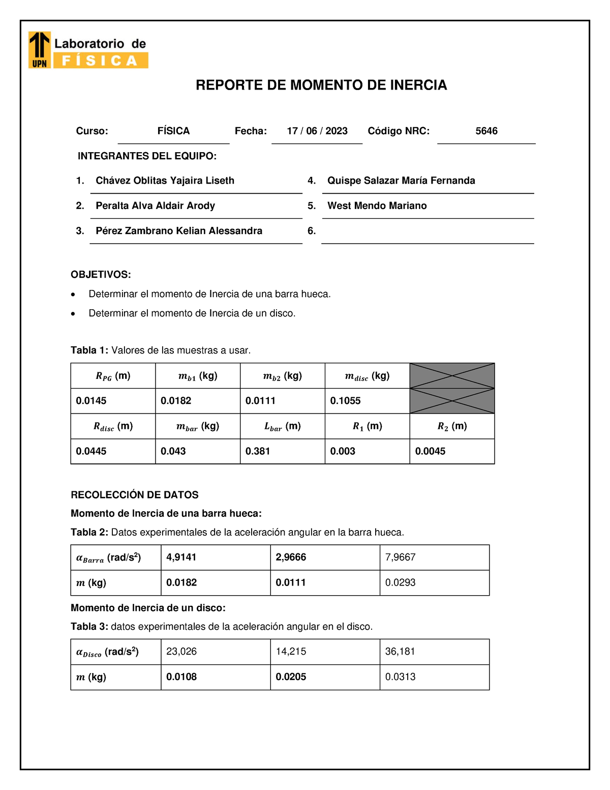 Reporte Lab Fisi1 S13 Mi Reporte De Momento De Inercia Curso FÍsica