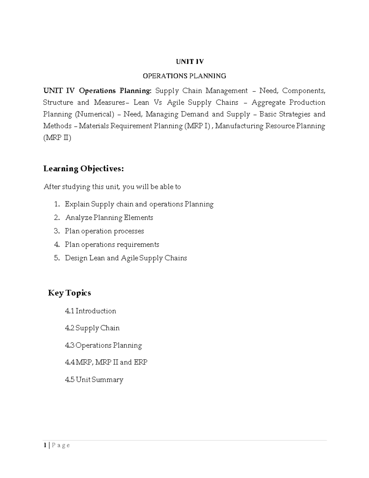 Unit 4 notes - UNIT IV OPERATIONS PLANNING UNIT IV Operations Planning ...