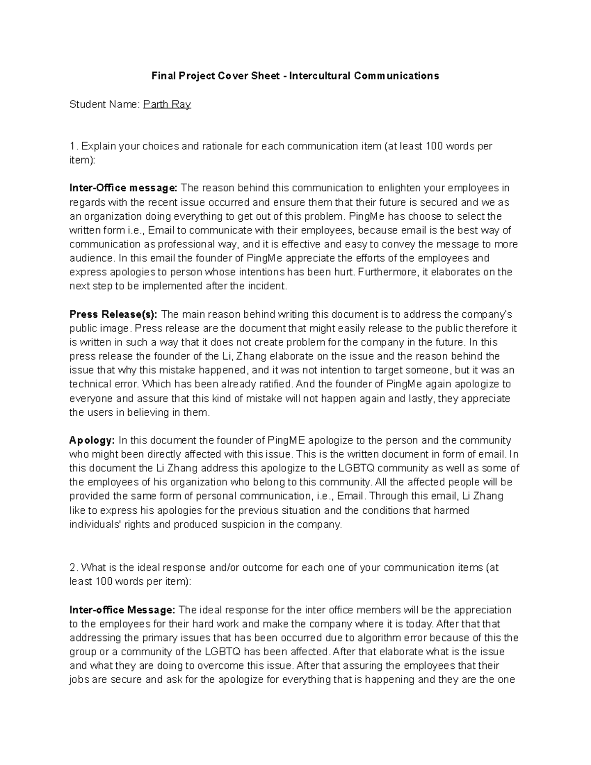 Final Project Cover Sheet - Intercultural Communications - PingMe has ...