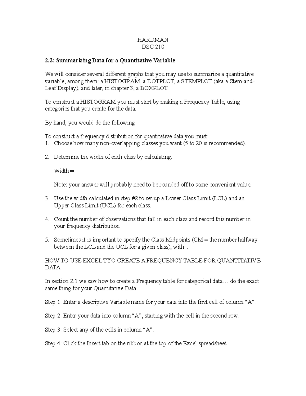 Ch 2.2 notes - HARDMAN DSC 210 2: Summarizing Data for a Quantitative ...