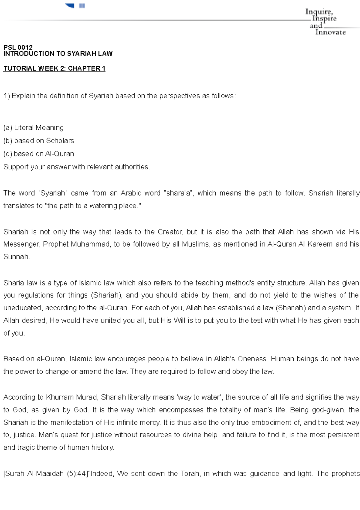 Explain the definition of Syariah based on the perspectives as follows ...