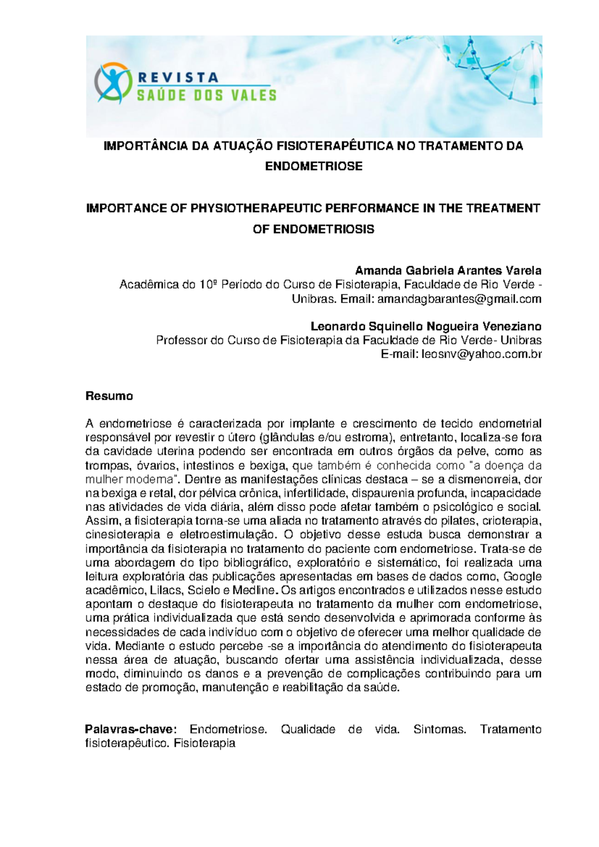 Document - IMPORTÂNCIA DA ATUAÇÃO FISIOTERAPÊUTICA NO TRATAMENTO DA  ENDOMETRIOSE IMPORTANCE OF - Studocu