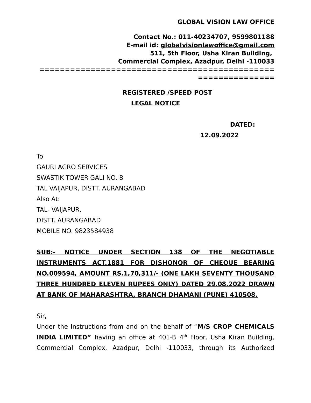 138 legal notice of CROP V Gauri AGRO - Contact No.: 011-40234707 ...