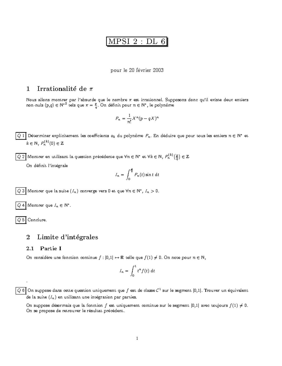 Dl 06 Integration - Mpsi 2 : Dl 6 Pour Le 20 F ́evrier 2003 1 