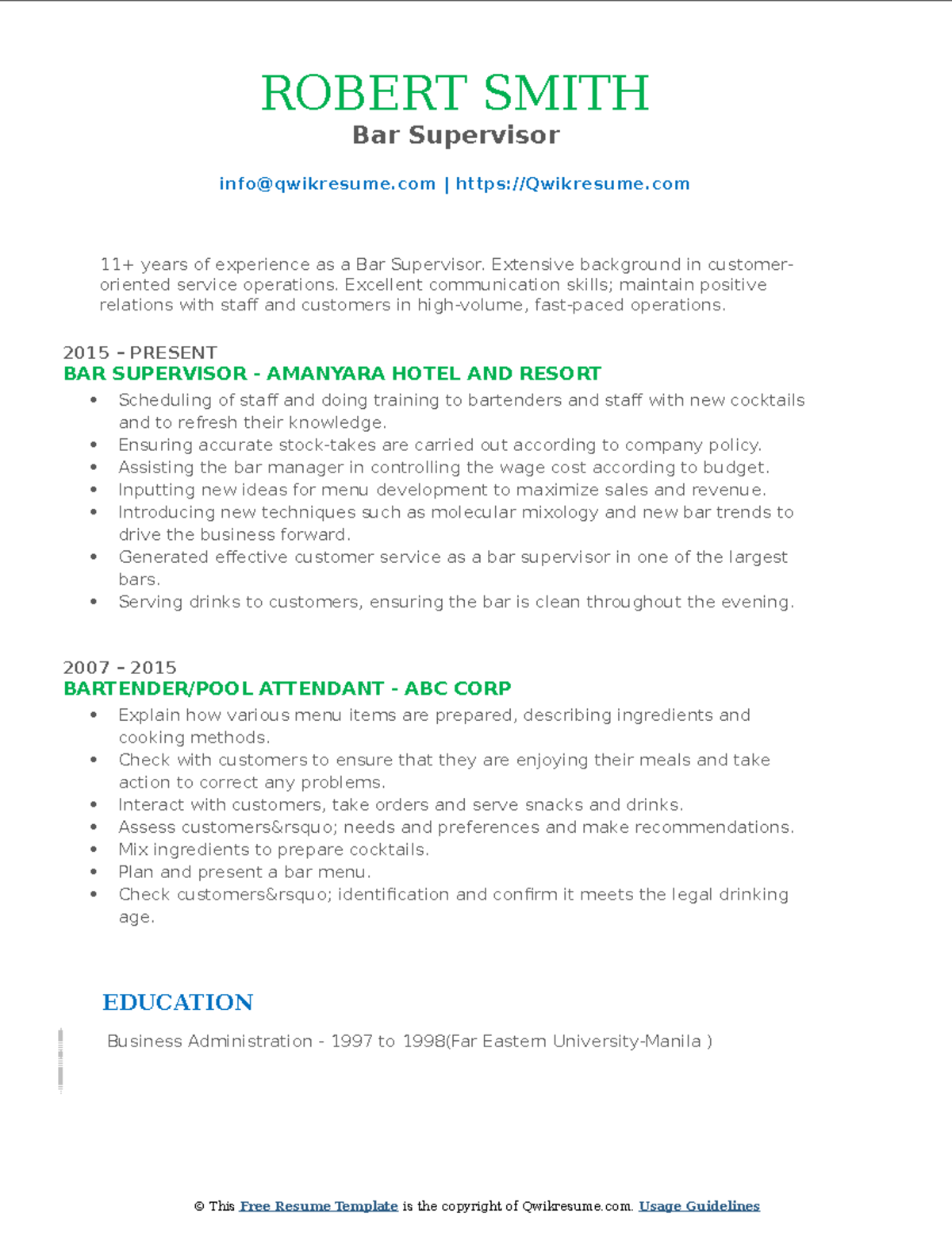 Barsupervisor1548124849 ROBERT SMITH Bar Supervisor infoqwikresume
