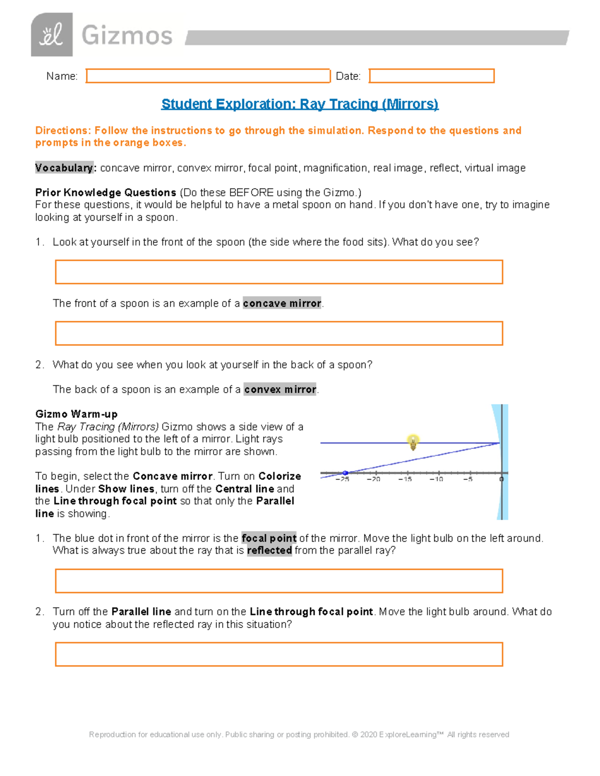 Ray Tracing Mirrors Gizmo Name Date Student Exploration Ray