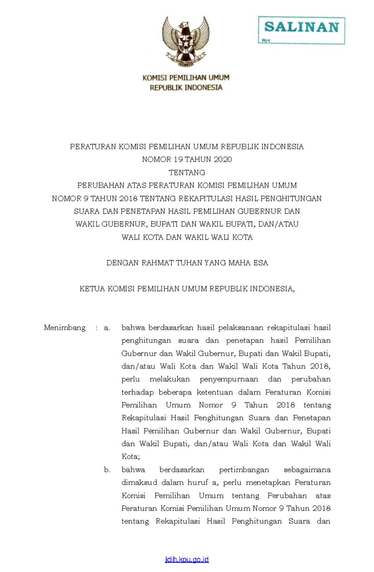 PKPU 19 Tahun 2020 - None - PERATURAN KOMISI PEMILIHAN UMUM REPUBLIK ...