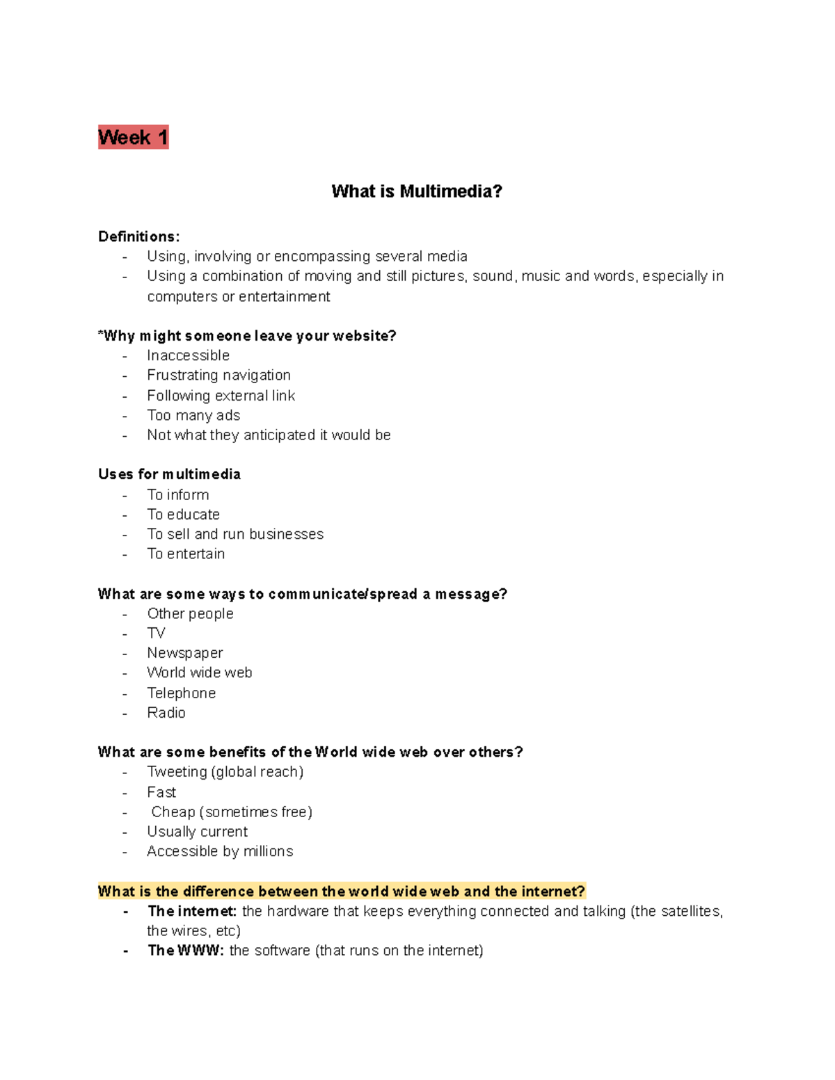 Comp Sci 1033 Notes Week 1 What is Multimedia? Definitions Using