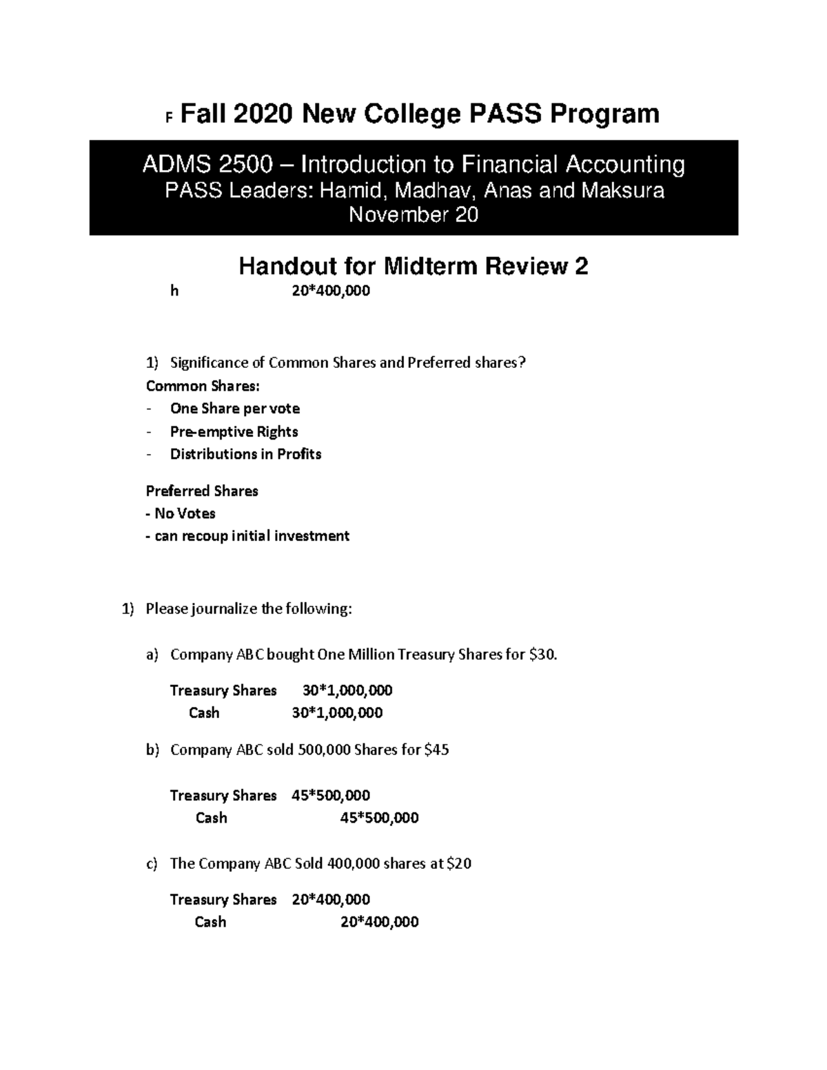 ADMS 2500 Session 11 Midterm Review 2 Handout - F Fall 2020 New College ...