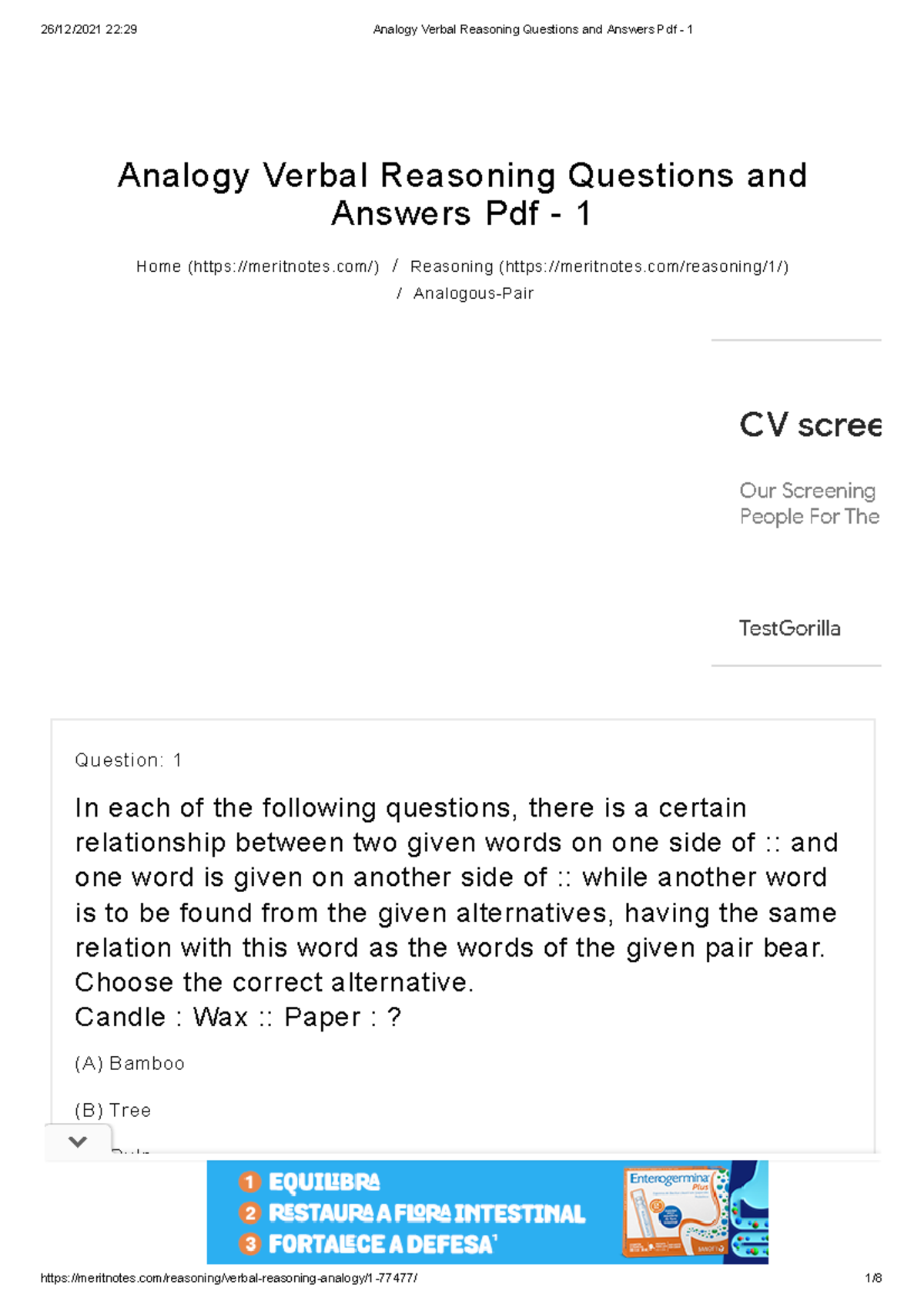 Analogy Verbal Reasoning Questions And Answers Pdf - 1 - Choose The ...