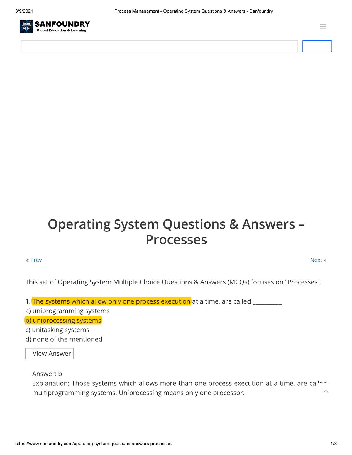 Process Management - Operating System Questions & Answers - Sanfoundry ...