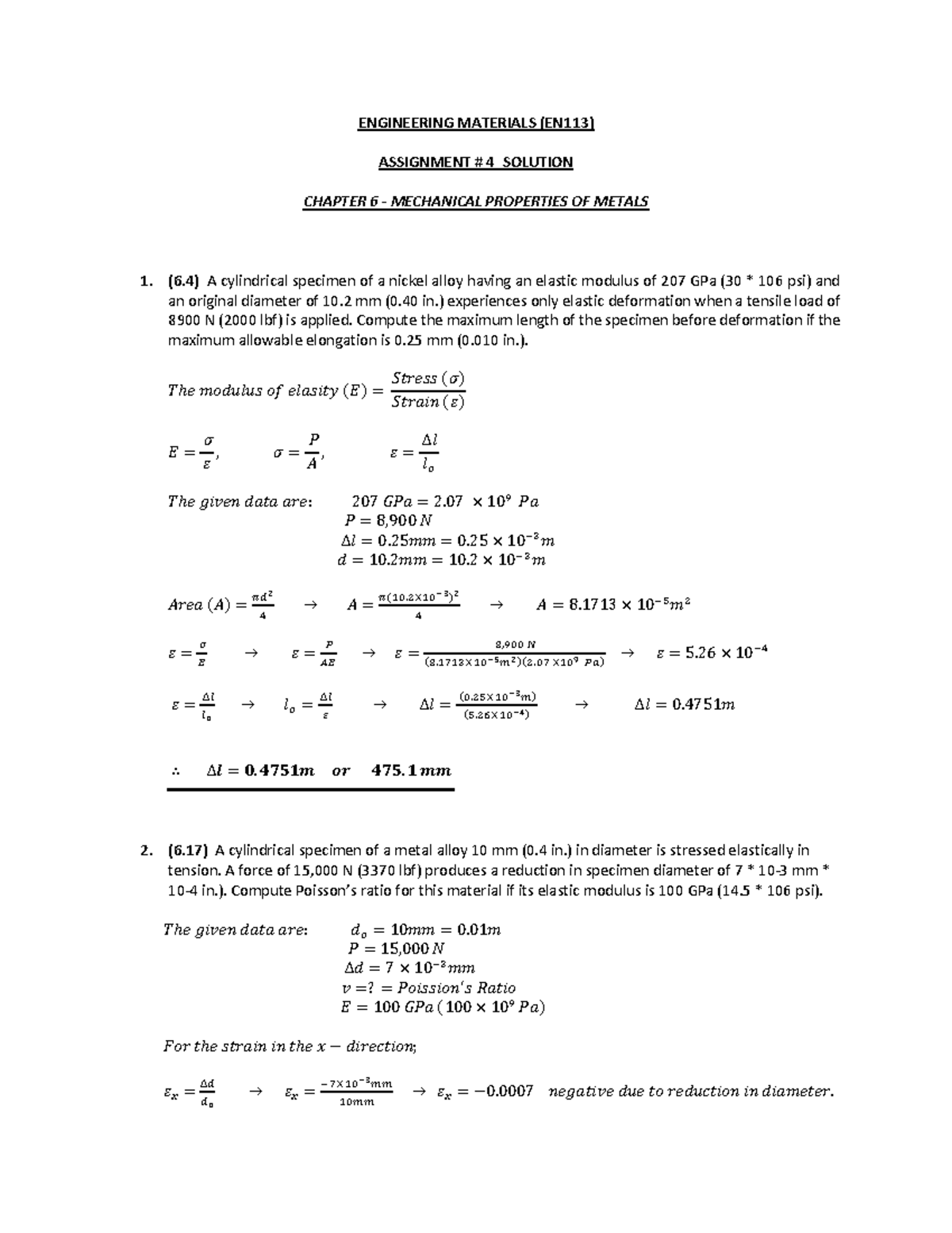 Assignment # 4 Solution - ENGINEERING MATERIALS (EN113) ASSIGNMENT # 4 ...