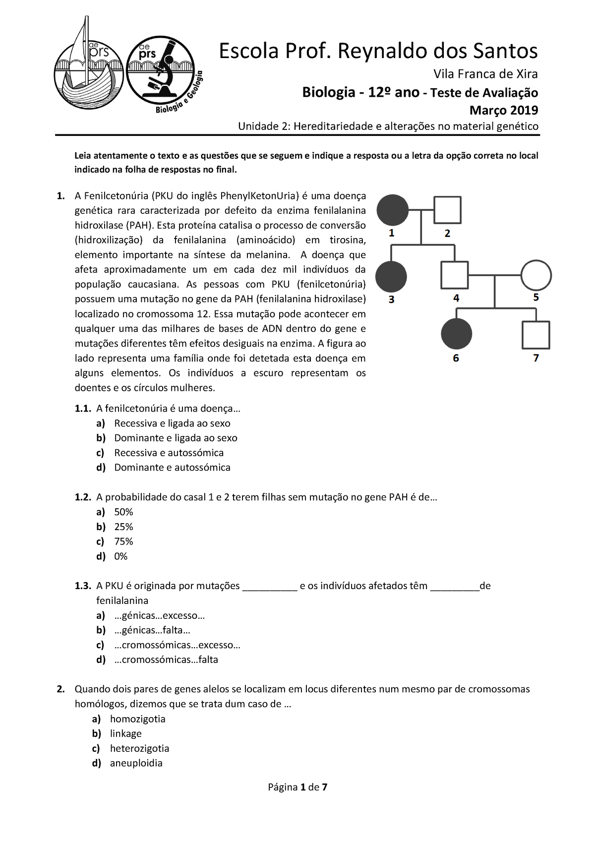 Bio12 Teste Genética 2019 - Escola Prof. Reynaldo Dos Santos Vila ...