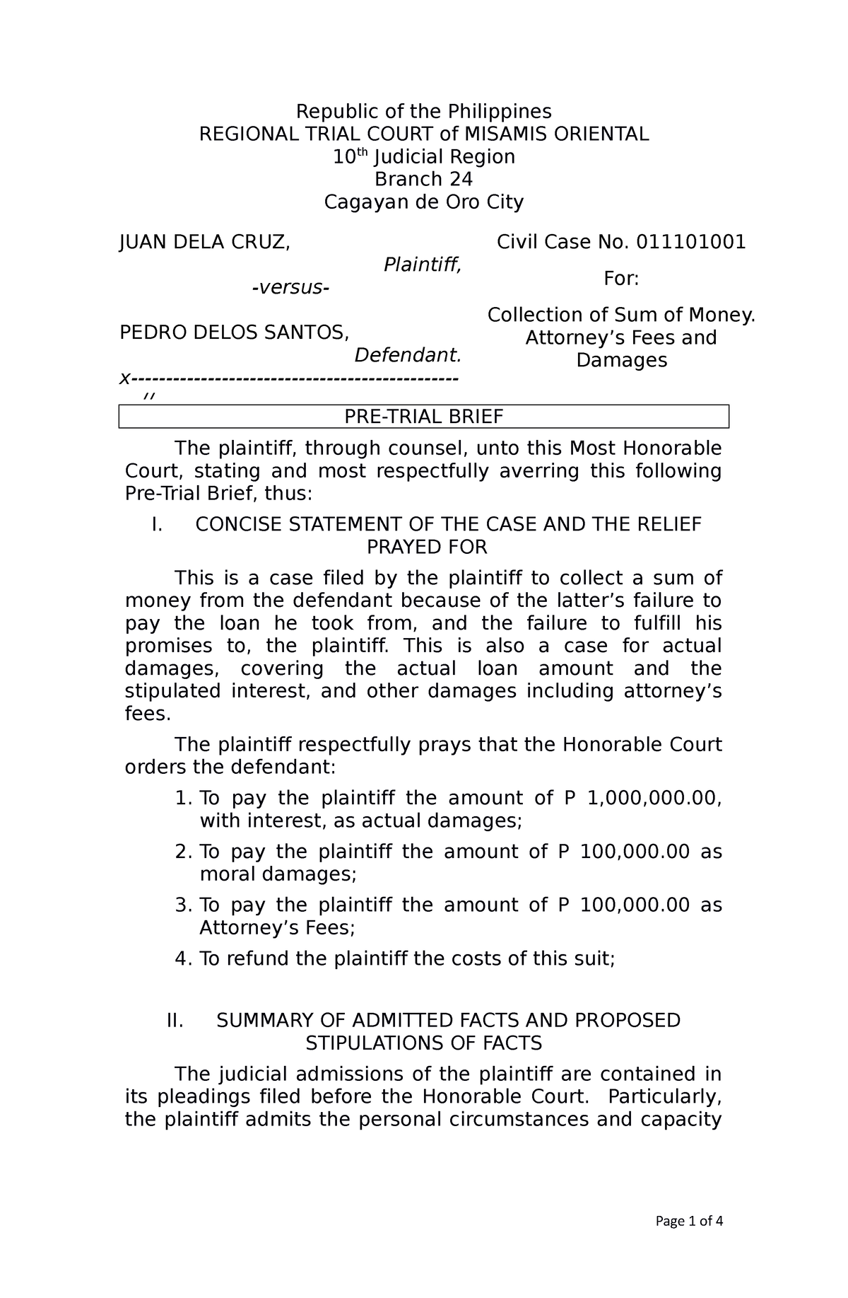 Pretrial Brief Sample (New Rules) - Republic of the Philippines ...