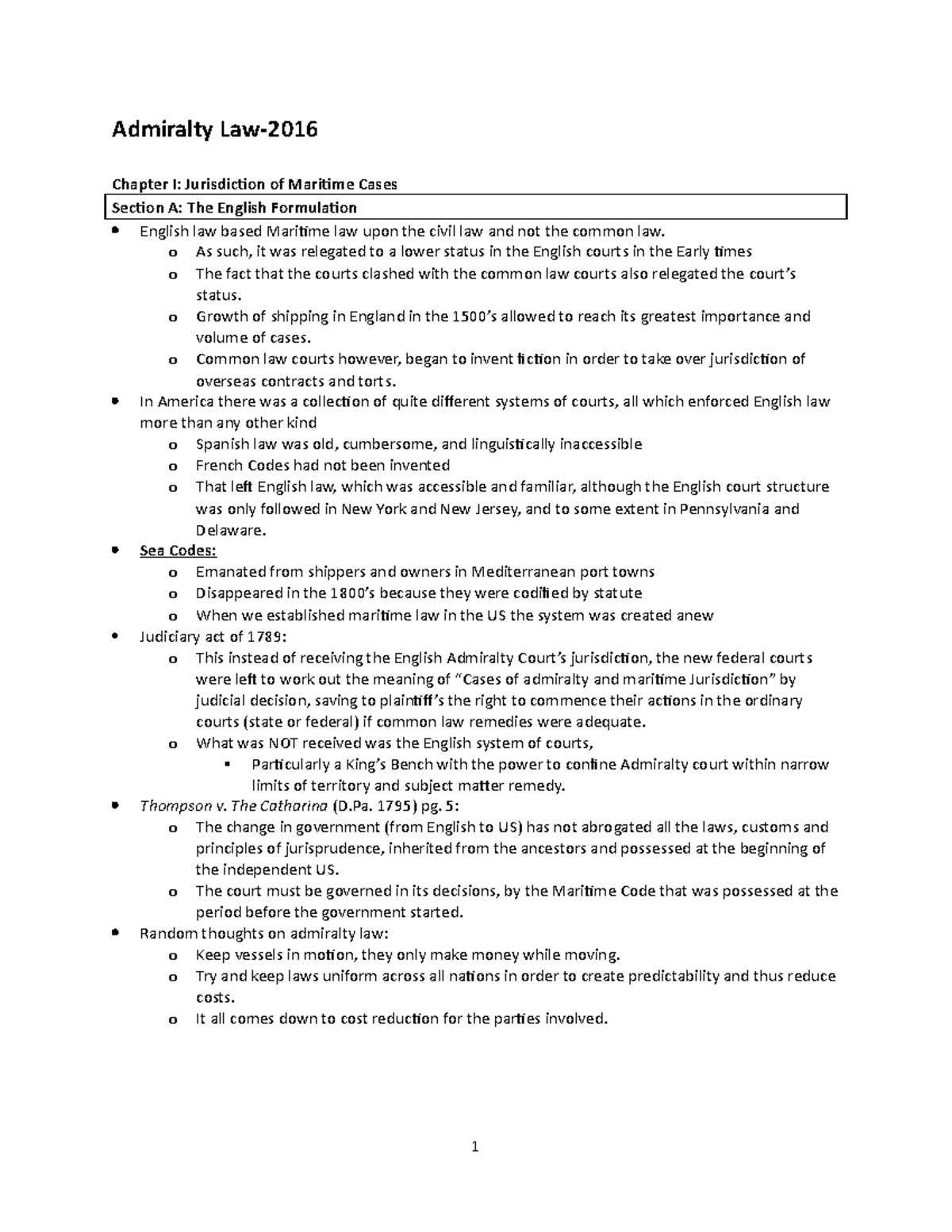 [Admiralty Law] 2016 2016 Admiralty Outline Admiralty Law Chapter I Jurisdiction of