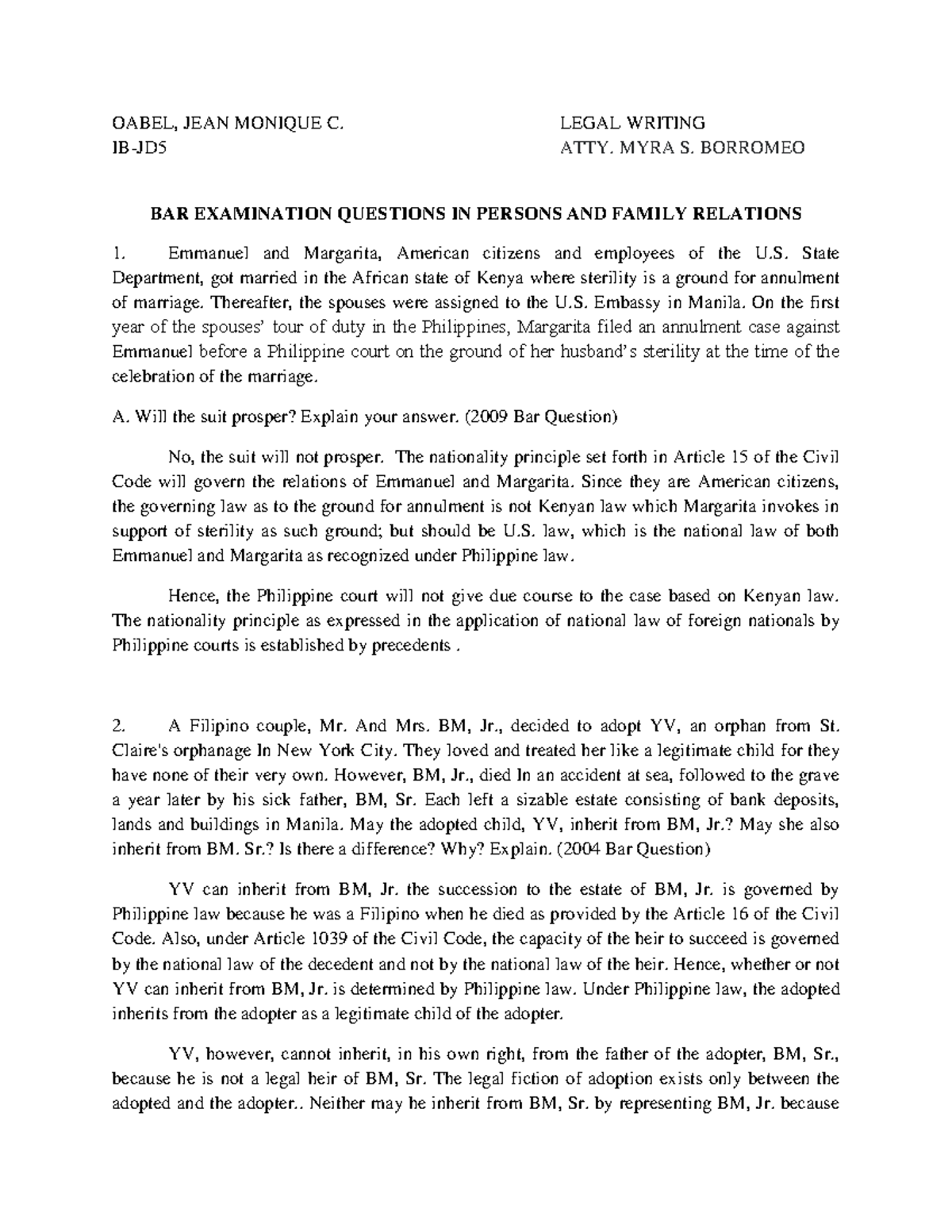 BAR QA Perfam Bar questions and answers OABEL, JEAN MONIQUE C