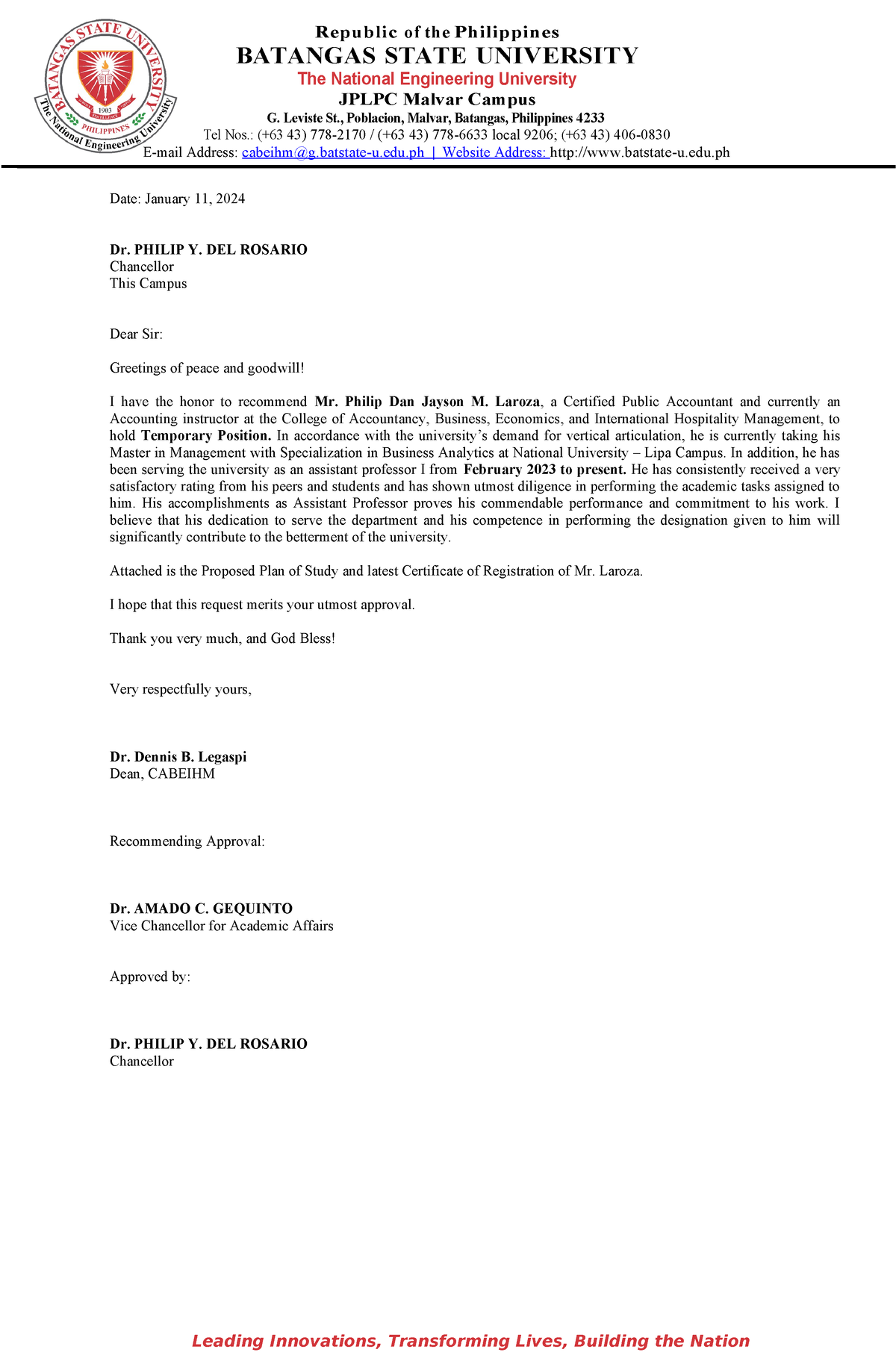 Recommendation letter - Republic of the Philippines BATANGAS STATE ...