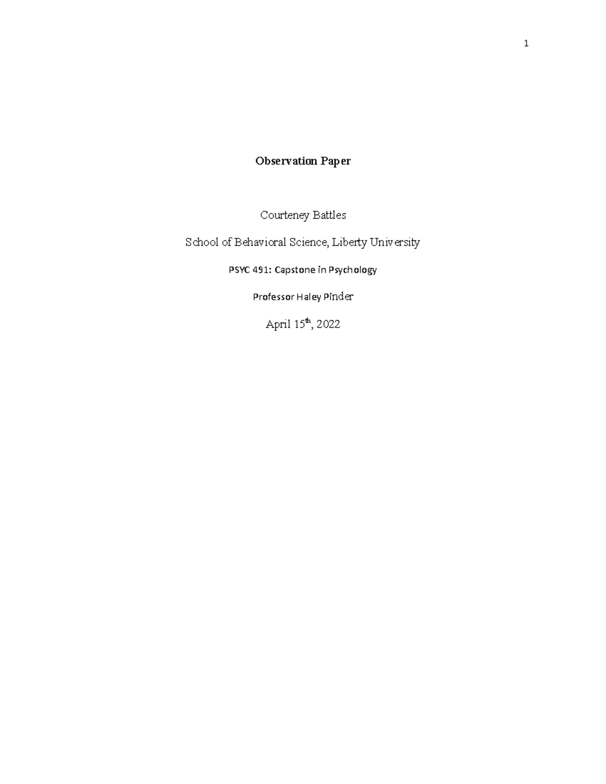 Observation paperr - Essay for class - Observation Paper Courteney ...