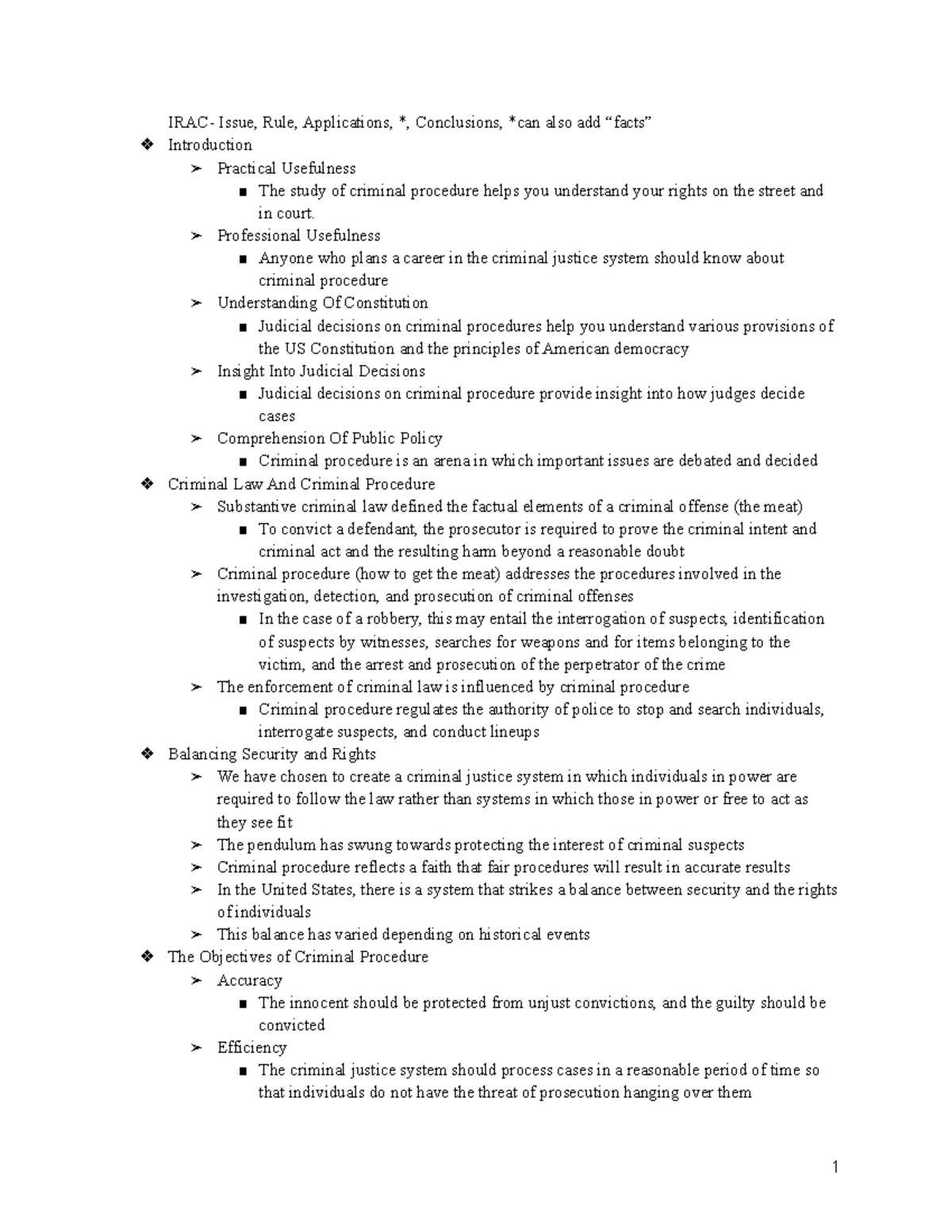 CCJ Chapter 1 Notes An Introduction to Criminal Procedure - IRAC- Issue ...