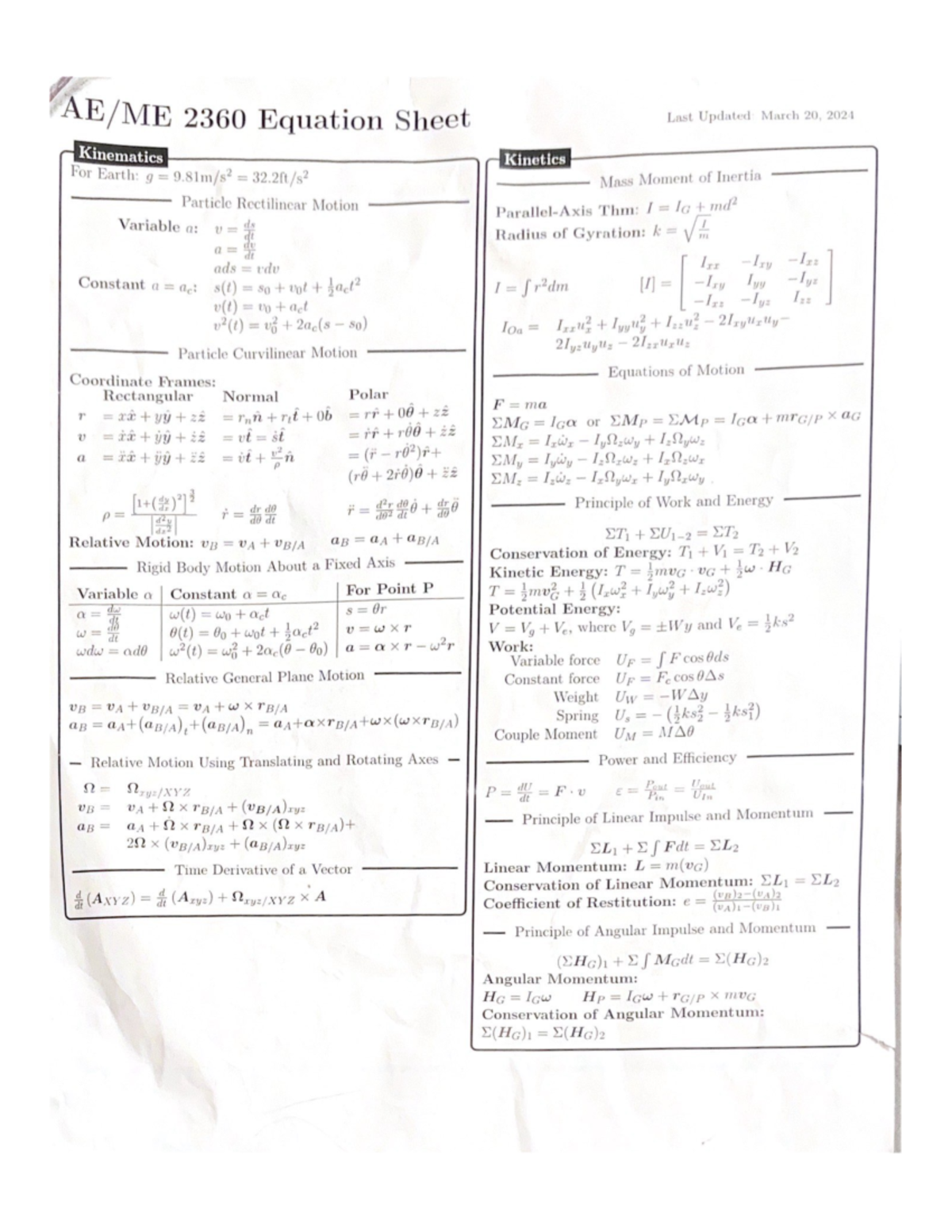 Dynamics Equation Sheet - Mech Eng 2360 - Studocu