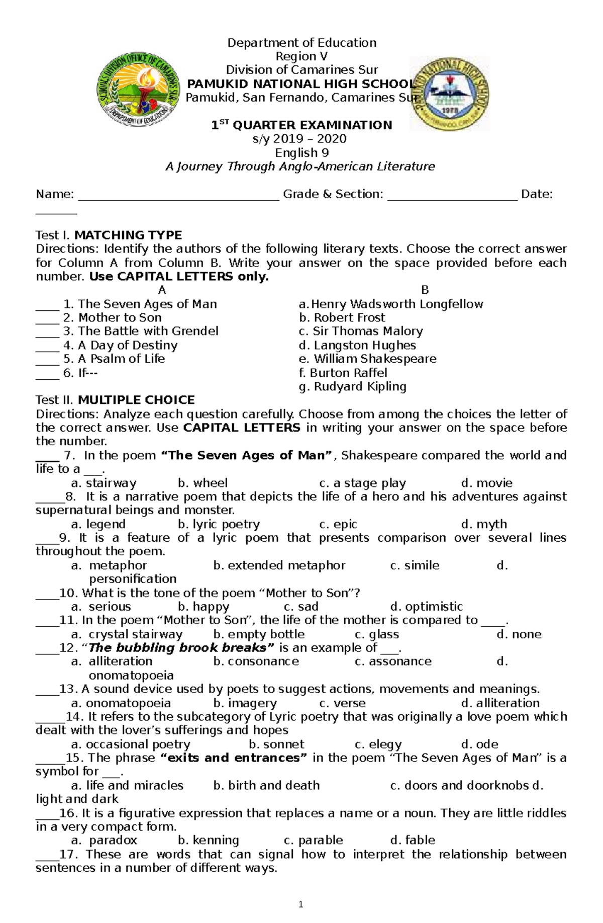 grade 9 english assignments