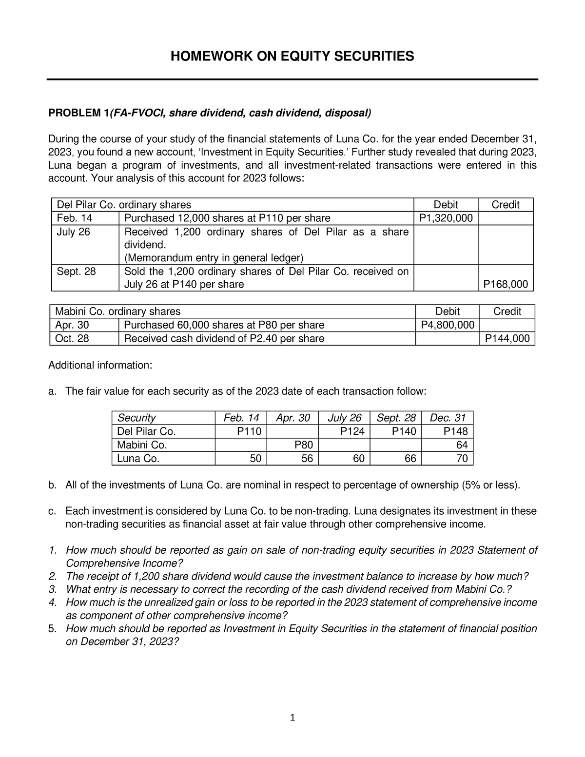 HW On Equity Securities B - 1 HOMEWORK ON EQUITY SECURITIES PROBLEM 1 ...