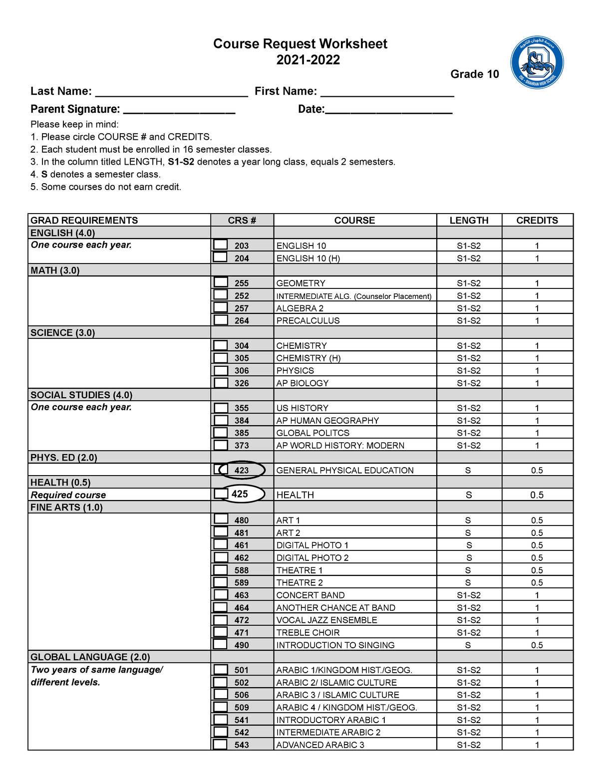 Class of 2024 CRW 20212022 Grade 10 (Returning) Course Request