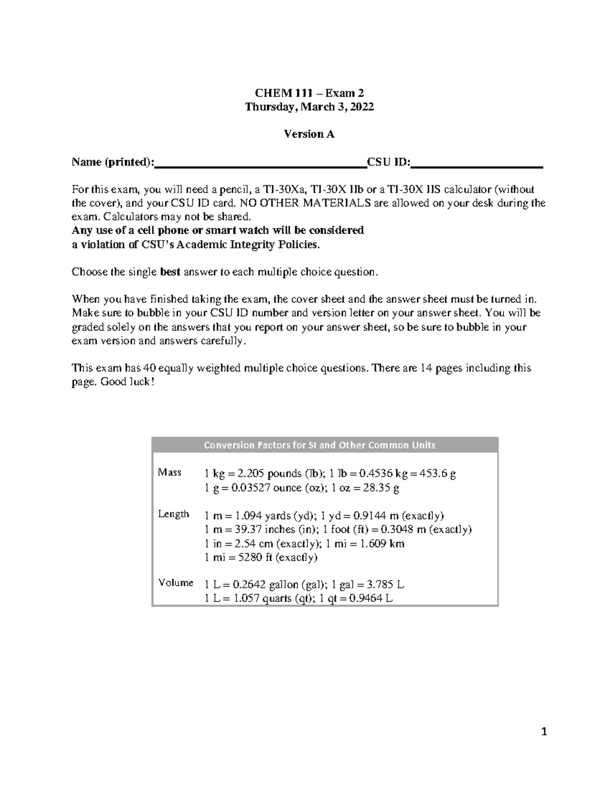 Exam 2 S2022 Key - review - CHEM 111 – Exam 2 Thursday, March 3, 2022 ...