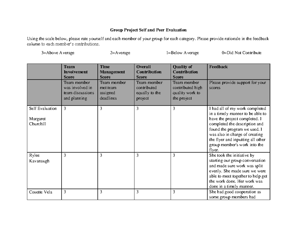 224 self evaluation - Hehdnd - Group Project Self and Peer Evaluation ...