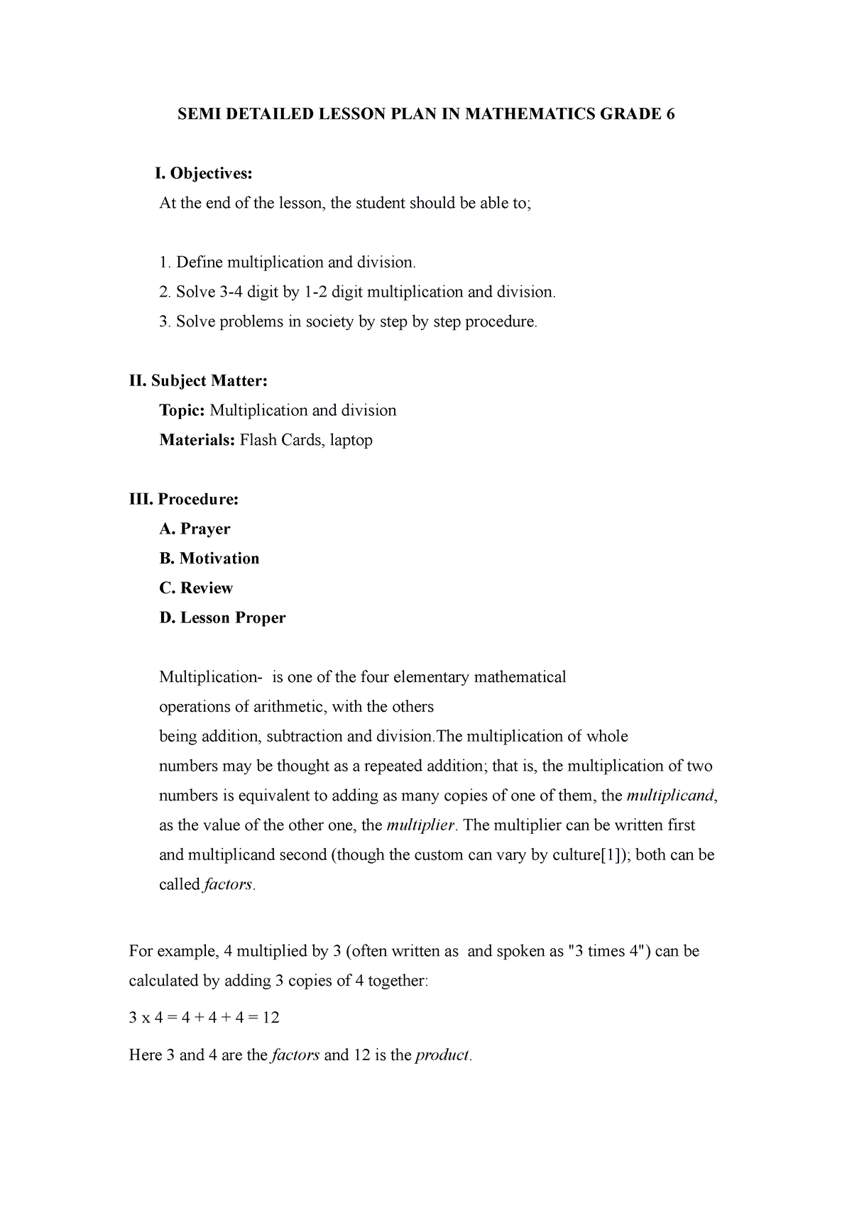 SEMI Detailed Lesson PLAN IN Mathematics Grade 6 SEMI DETAILED LESSON 