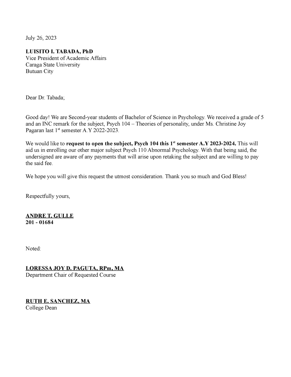 Andre-TOP-letter - N/A - July 26, 2023 LUISITO I. TABADA, PhD Vice ...