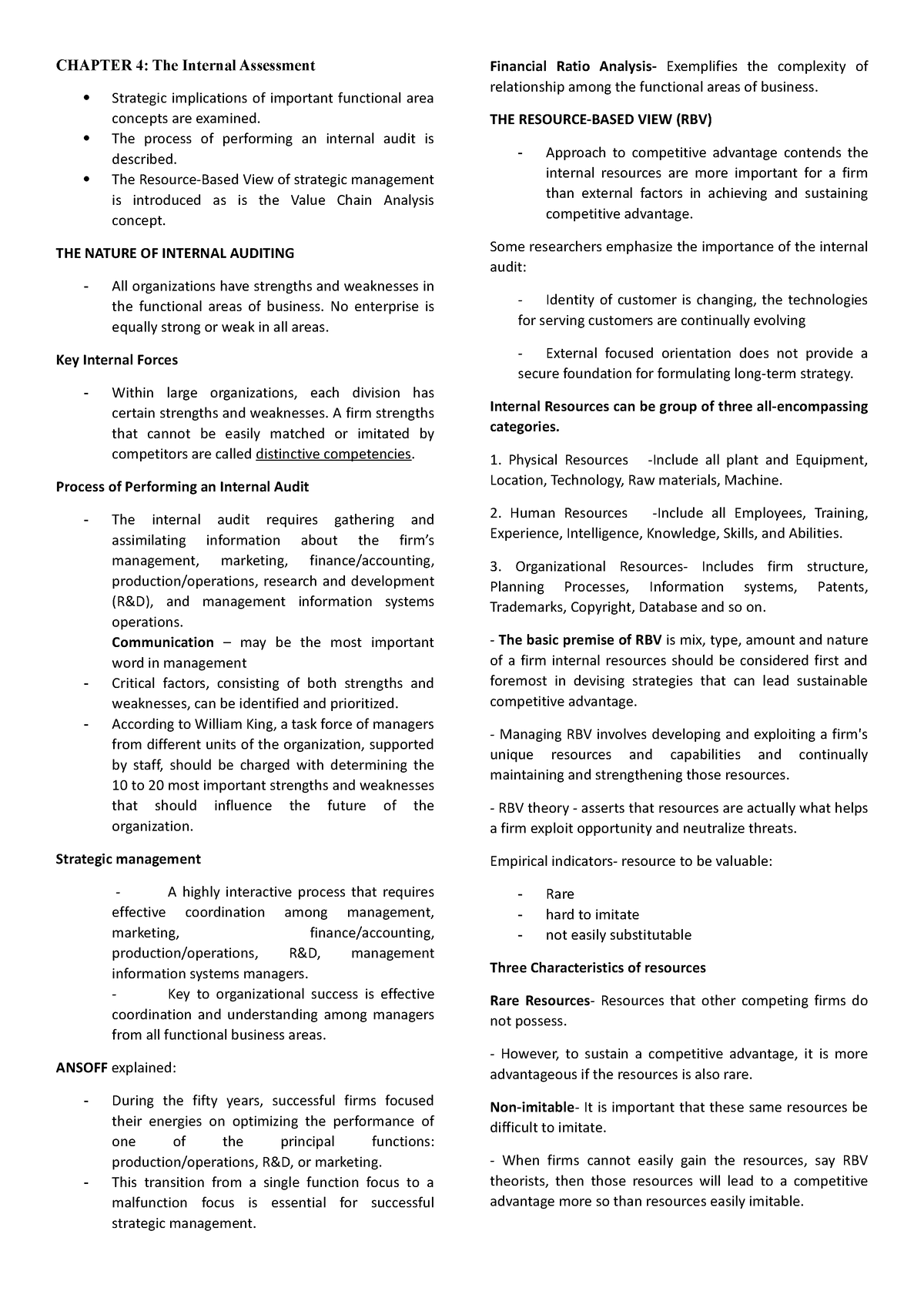 Chapter 4 - Strategic Management - CHAPTER 4: The Internal Assessment ...