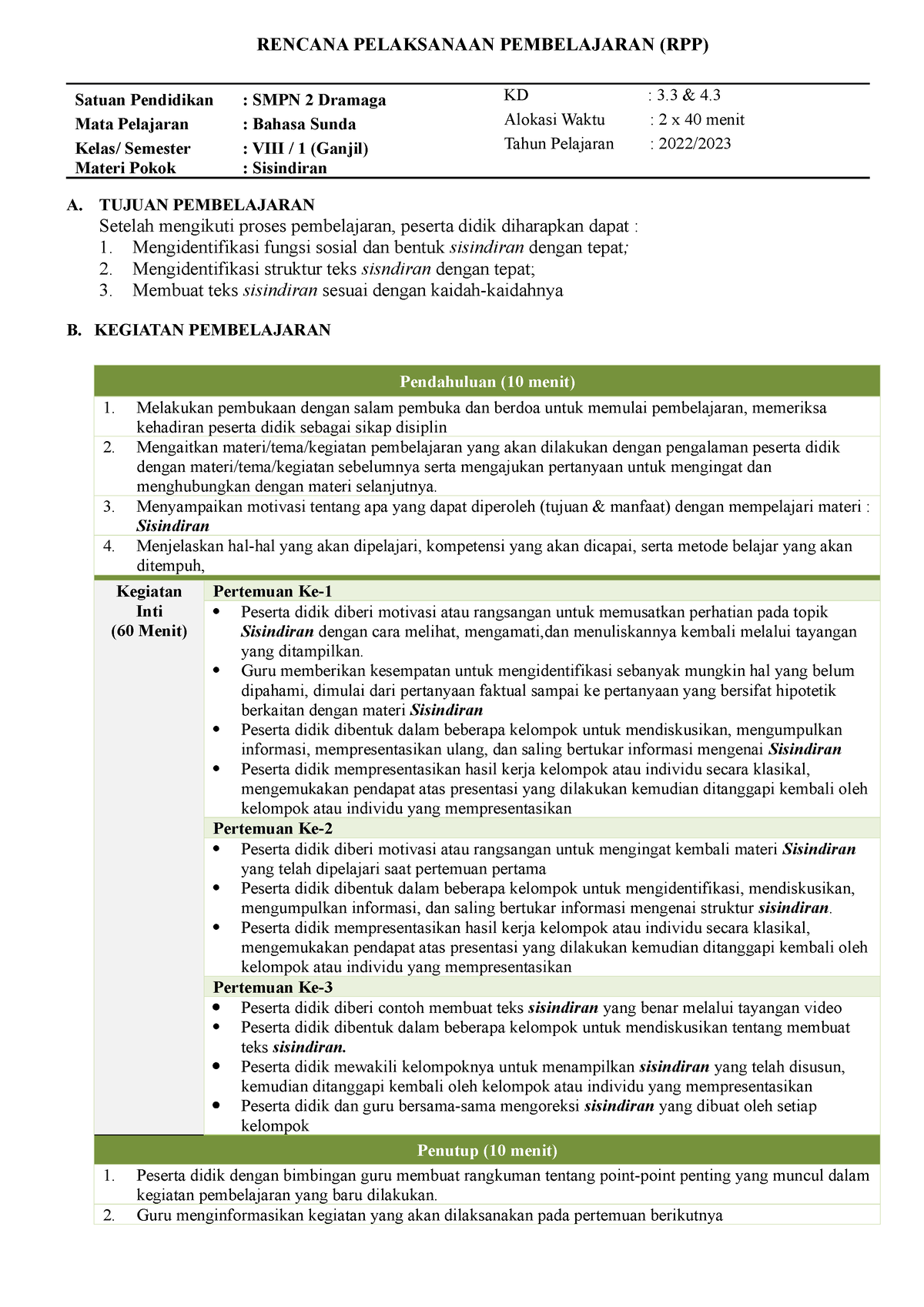 RPP Kelas 8 Materi Sisindiran - RENCANA PELAKSANAAN PEMBELAJARAN (RPP ...