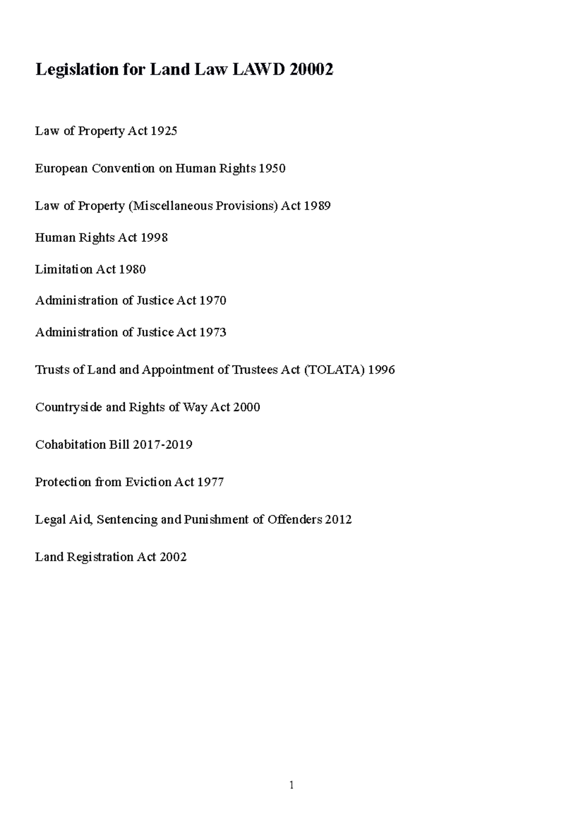 Legislation for Land Law Official Doc Legislation for Land Law LAWD