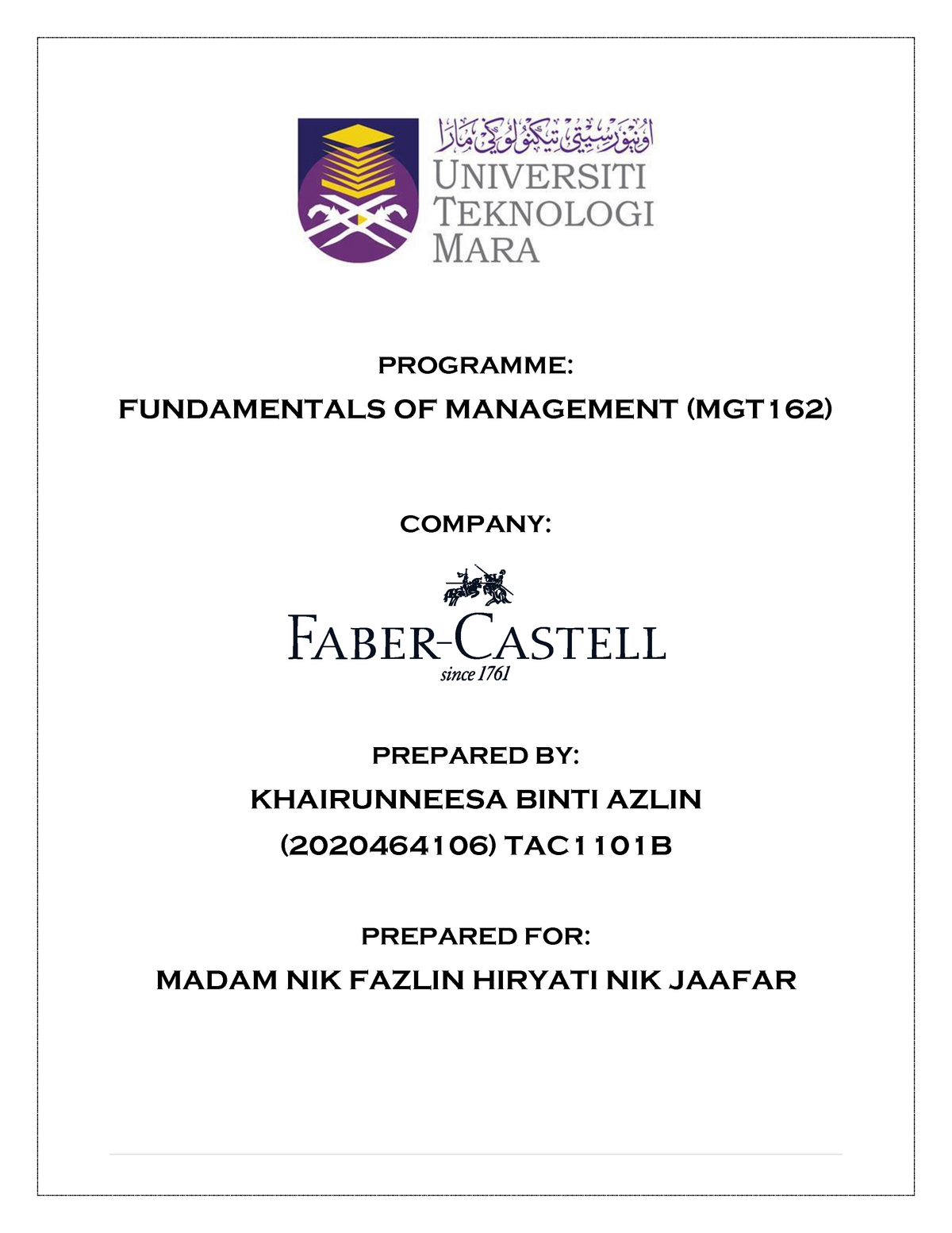 Group Assignment Business Management - PROGRAMME: FUNDAMENTALS OF ...